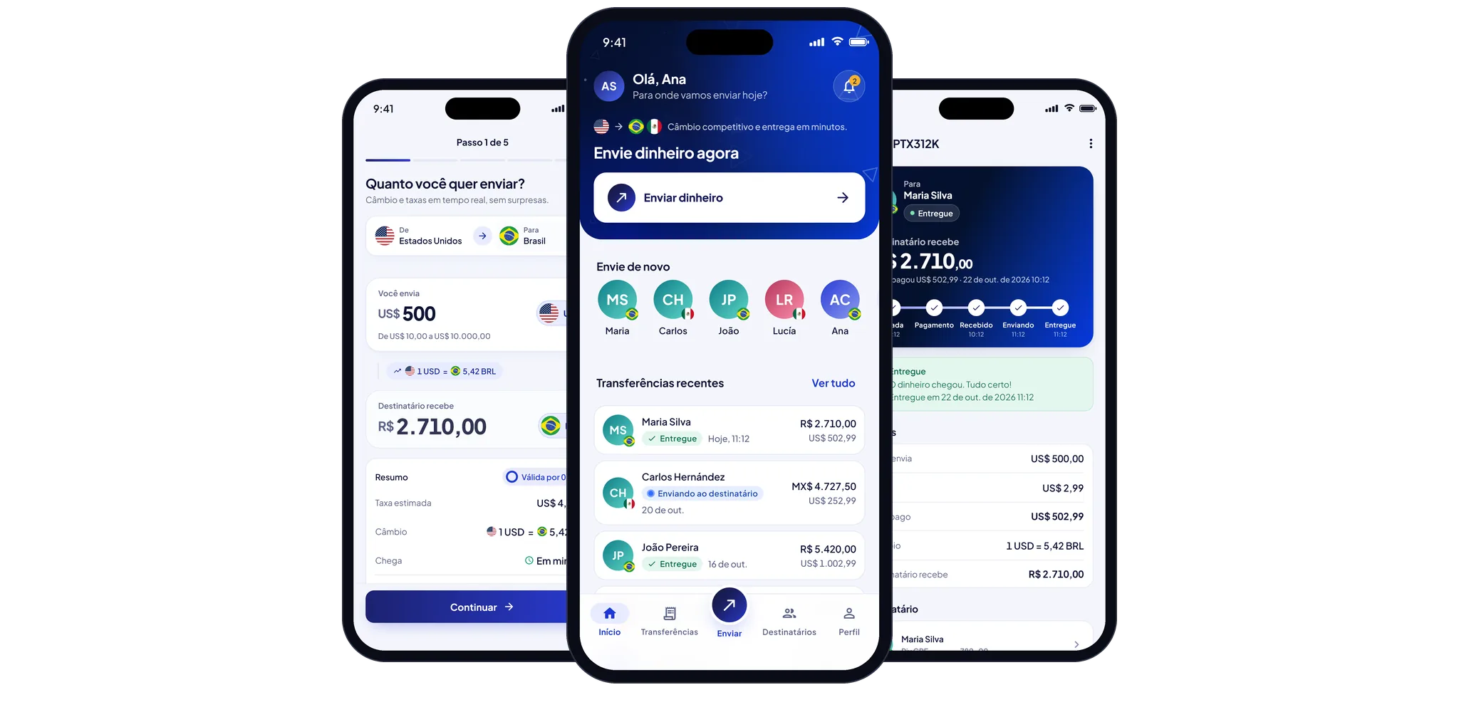 Telas do app PTX Exchange: início com envios recentes, quanto você vai enviar e acompanhamento do envio